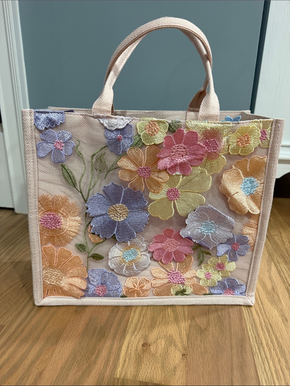 Pastel Floral Embroidered Tote Bag - Pink